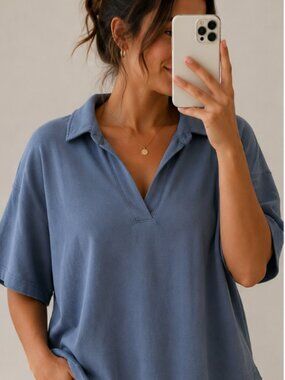 Athleta Westwood Sweatshirt Tee | Blue Modal Collared Oversized Top | Size L